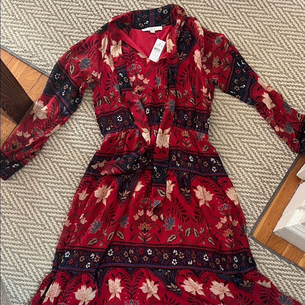 LOFT Red and Black Floral Long Sleeve Dress